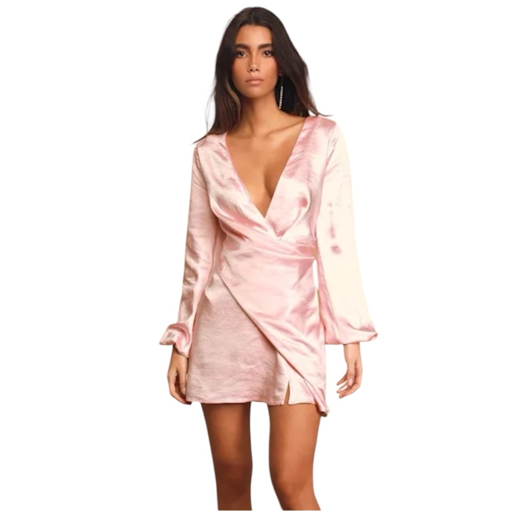 Lulus As Always Pink Satin balloon sleeve Mini Dress